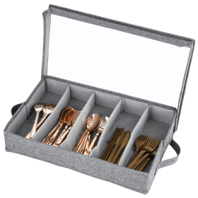 Flatware Storage Case, Silverware Storage Box with 4 Adjustable Dividers, Large Capacity Flatware Utensil Holder Case, Cutlery Storage Box with Handle