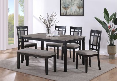 6-Pc Dinette Light Gray Finish Rectangular Table Upholstered Chairs Bench Dining Room Wooden Dining Set Furniture Transitional Contemporary Style