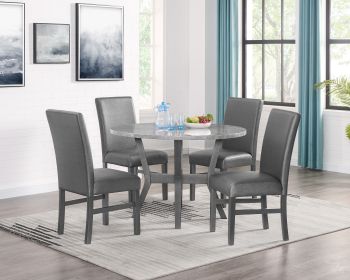 Beautiful 5-Pc Round Gray Stone Table Glitter Gray Finish Upholstered Chairs Dining Room Wooden Dining Set Furniture Transitional Style