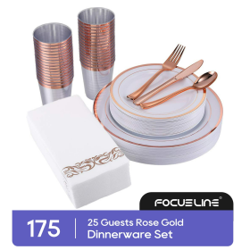 Focusline [175pack] Disposable Dinnerware Set 25 Guest-50 Rose Gold Rim Plastic Plates-25 Rose Gold Plastic Silverware-25 Rose Gold Plastic Cups-25 Li