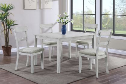 Rustic Farmhouse Transitional 5-Piece Dining Set Rectangular Table Linen Look Fabric Upholstered Chair Seat Wooden Dining Room Furniture White/Gray Dr