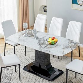 Faux Marble Dining Table Set with Convertible Base, Luxury Rectangular Kitchen Table for 6-8, Modern White Faux Marble Dining Room Table with MDF Base