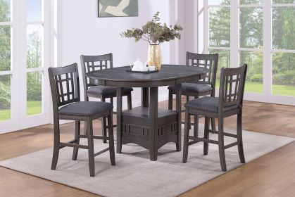 Contemporary Dining Room Counter Height 5pc Dining Set Round Table w Leaf And 4x Side Chairs Gray Finish Solid wood