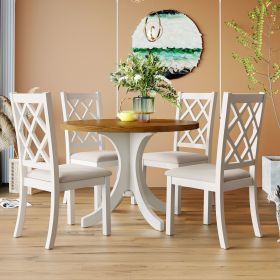 Mid-Century Solid Wood 5-Piece Round Dining Table Set;  Kitchen Table Set with Upholstered Chairs for Small Places