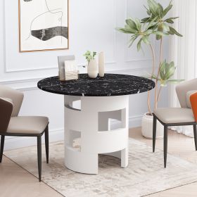 42.12"Modern Round Dining Table with Printed Black Marble Table Top for Dining Room, Kitchen, Living Room,Black+White