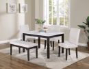 Classic Stylish 5pc Dining Set Kitchen Dinette Faux Marble Top Table Bench and 3x Chairs White Faux Leather Cushions Seats Dining Room