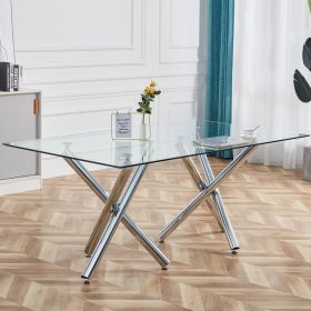 Large modern minimalist rectangular glass dining table, suitable for 6-8 people, equipped with 0.39 "tempered glass tabletop and metal legs, suitable (Color: Silver)