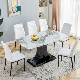 Faux Marble Dining Table Set with Convertible Base, Luxury Rectangular Kitchen Table for 6-8, Modern Black Faux Marble Dining Room Table with MDF Base (Material: MDF+glass, Color: White)